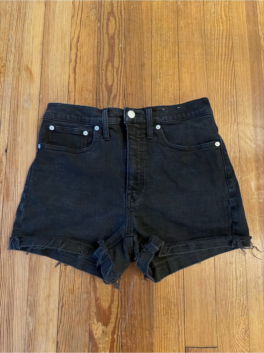 Madewell High Rise Black Denim Shorts Size 27 Raw Hem